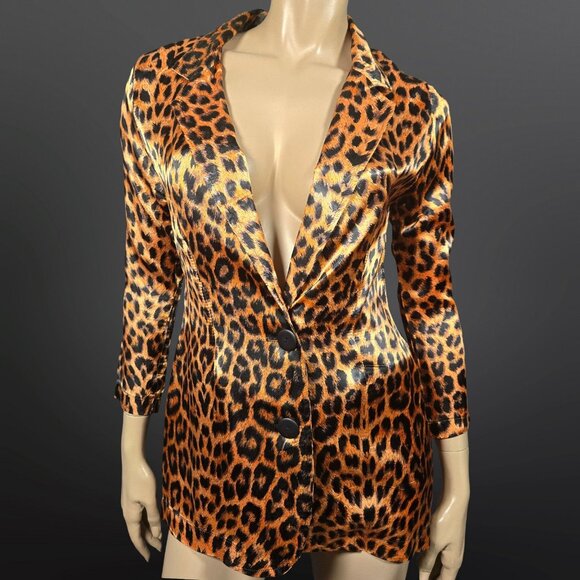 Vintage 90s Satin Leopard Print Blazer Size XS Rocker Punk Emo Grunge Indie - Picture 1 of 12